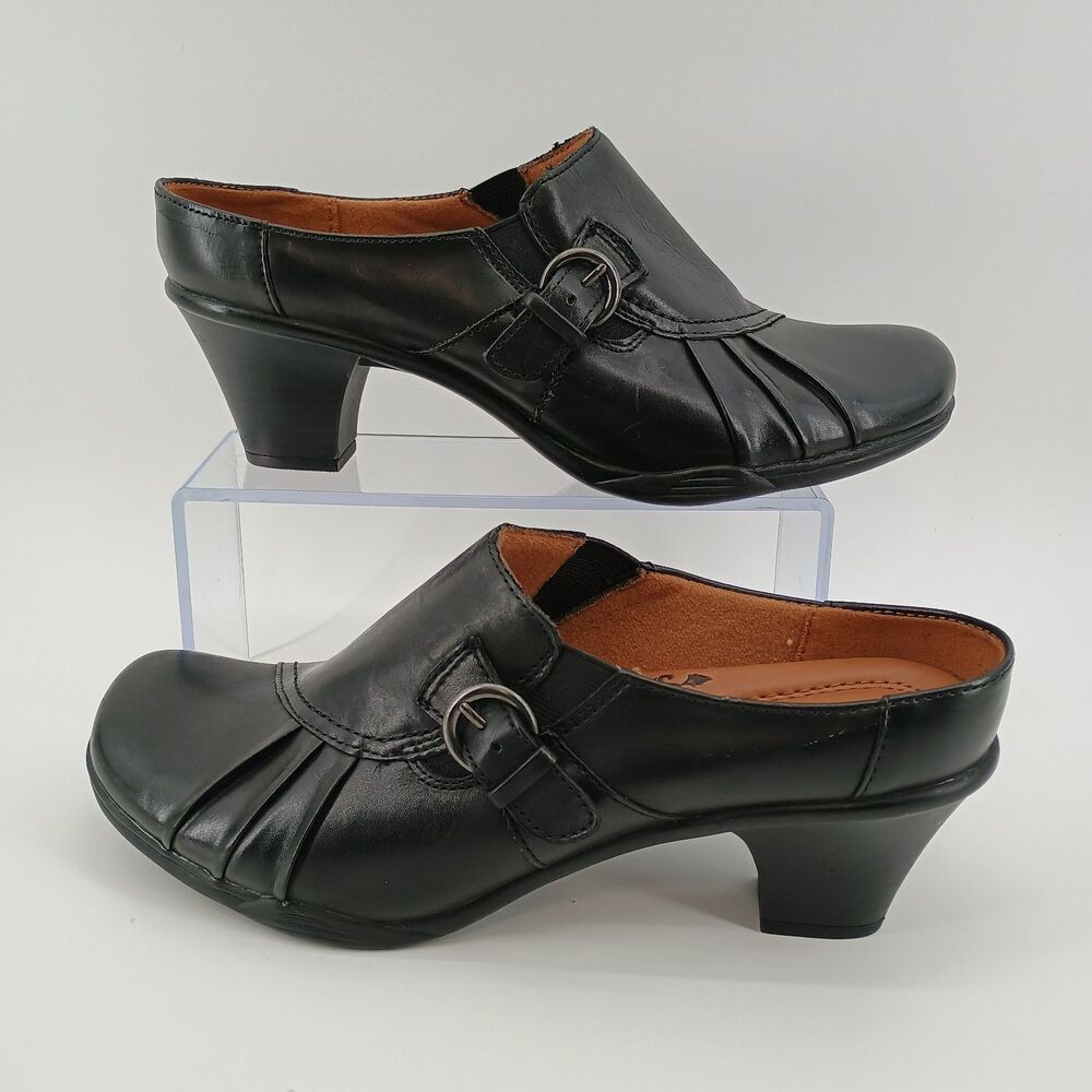 Earth Spirit Heel Clog Mule 10M Black Leather Slip On Shoes Emily Buckle